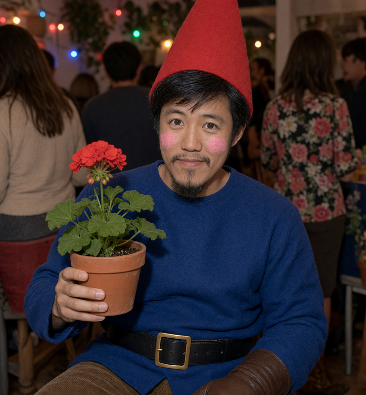Storybook garden gnome, taking a one-night vacation from standing completely still on the front lawn!